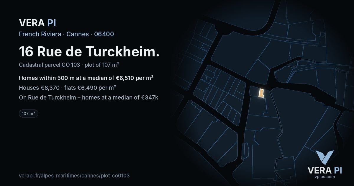 16 Rue de Turckheim, Cannes at night – the plot lit, the parcels around coloured by the prices near them