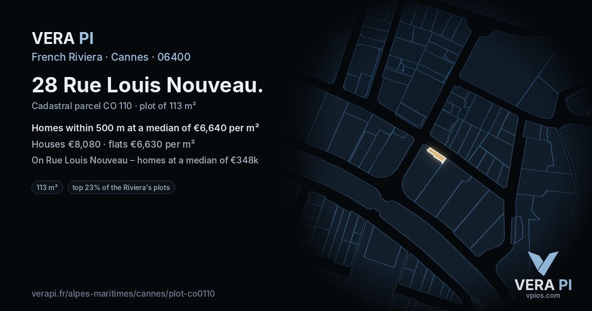 28 Rue Louis Nouveau, Cannes at night – the plot lit, the parcels around coloured by the prices near them