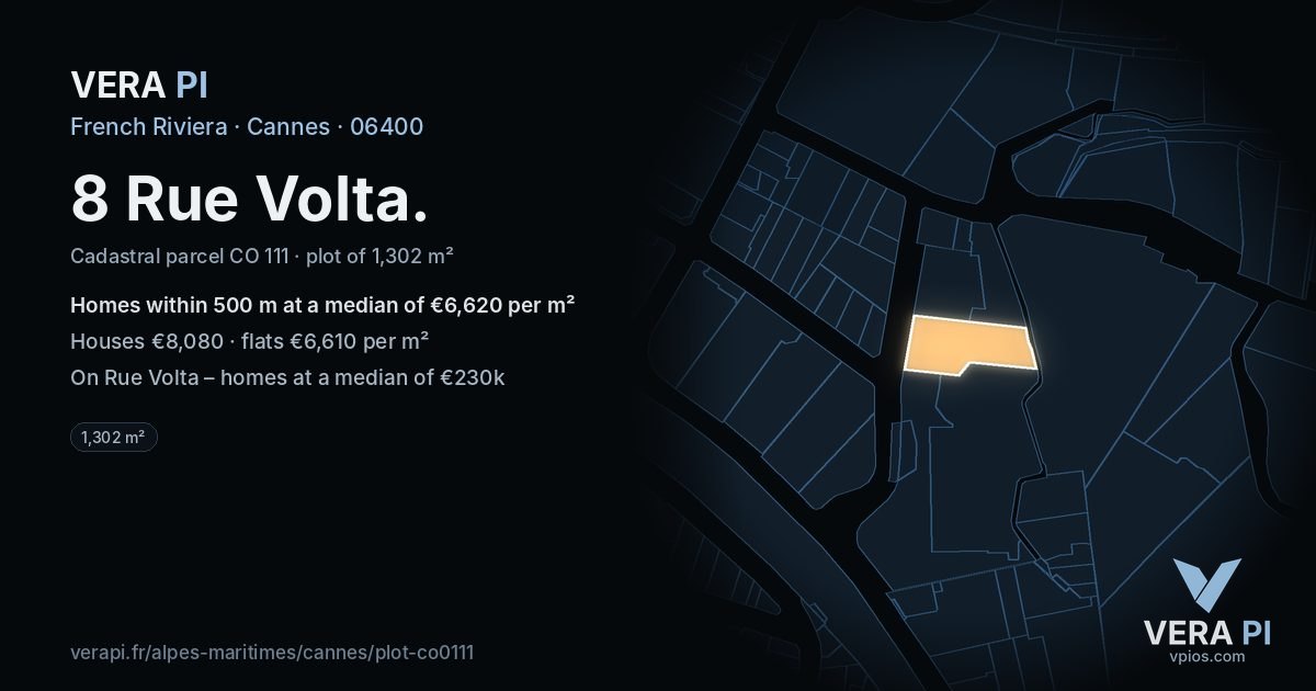 8 Rue Volta, Cannes at night – the plot lit, the parcels around coloured by the prices near them