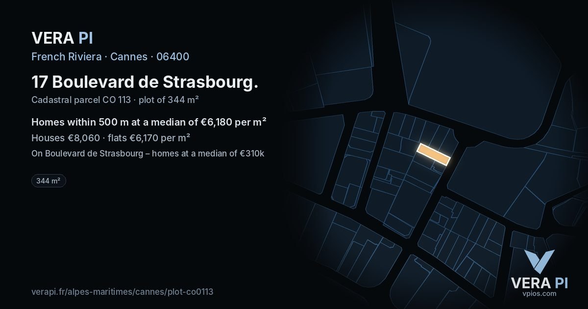 17 Boulevard de Strasbourg, Cannes at night – the plot lit, the parcels around coloured by the prices near them