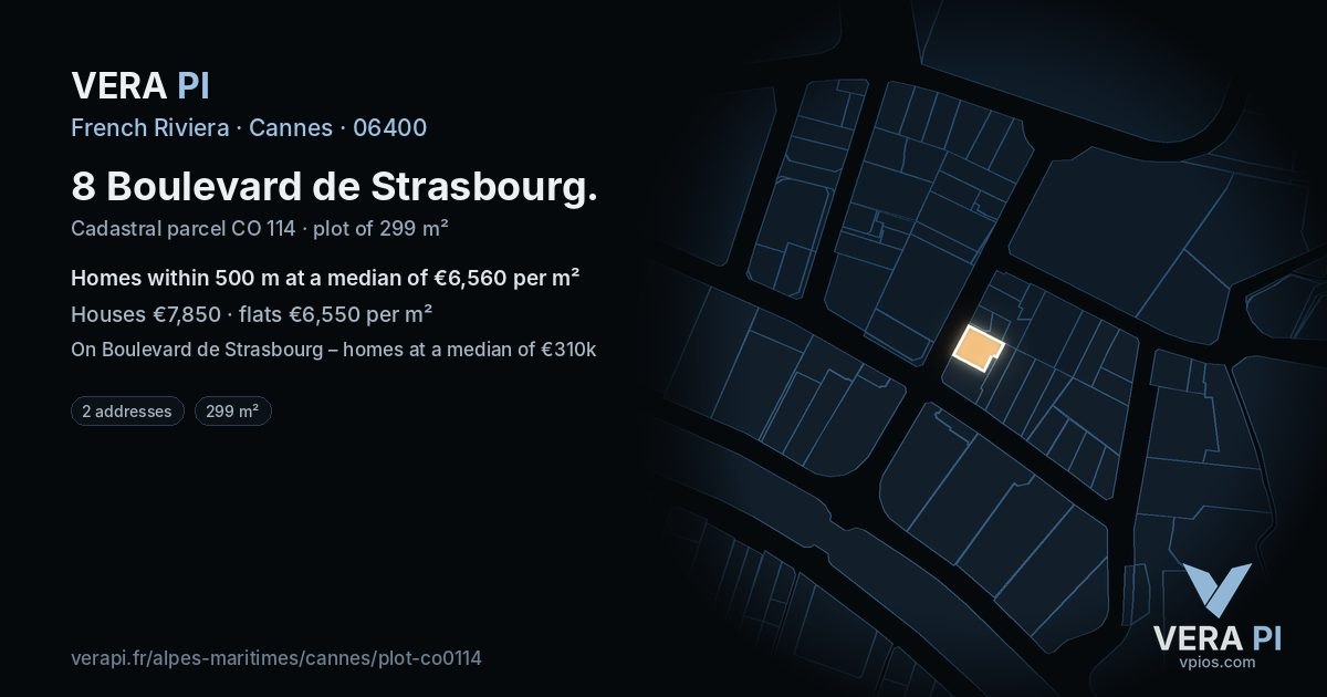 8 Boulevard de Strasbourg, Cannes at night – the plot lit, the parcels around coloured by the prices near them
