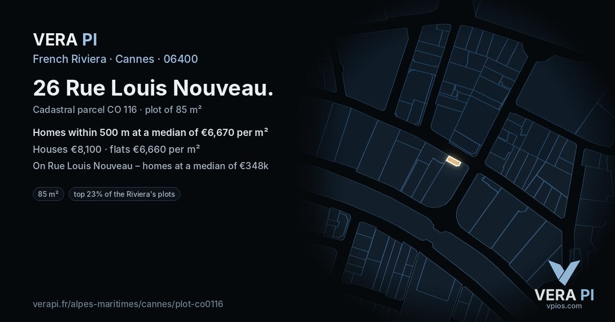 26 Rue Louis Nouveau, Cannes at night – the plot lit, the parcels around coloured by the prices near them