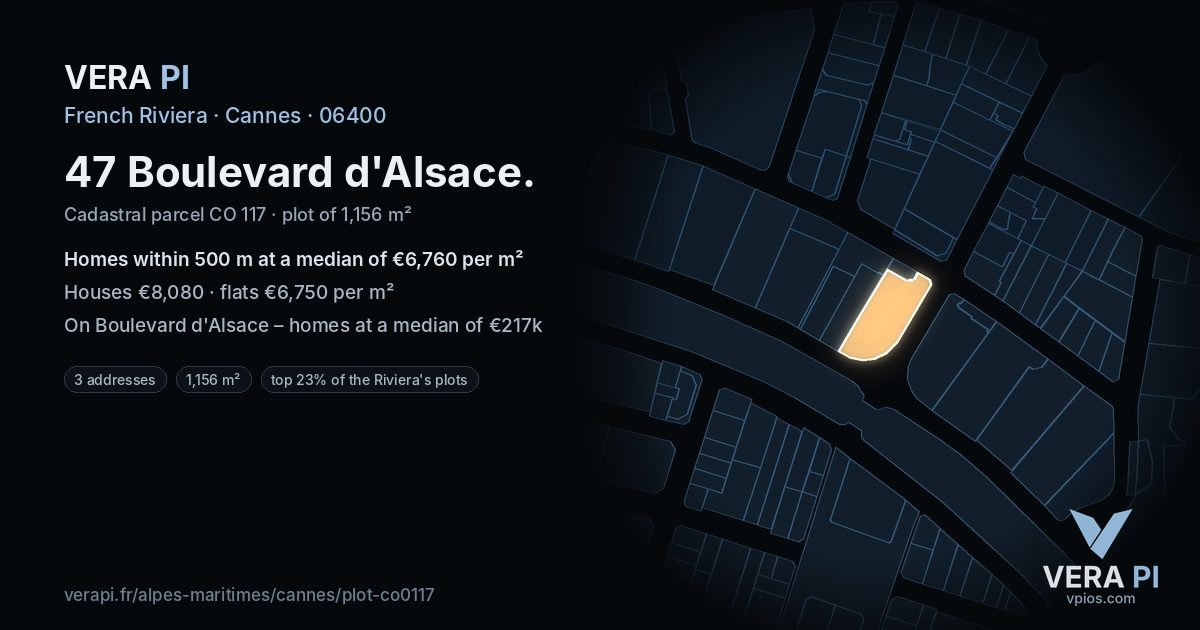 47 Boulevard d'Alsace, Cannes at night – the plot lit, the parcels around coloured by the prices near them