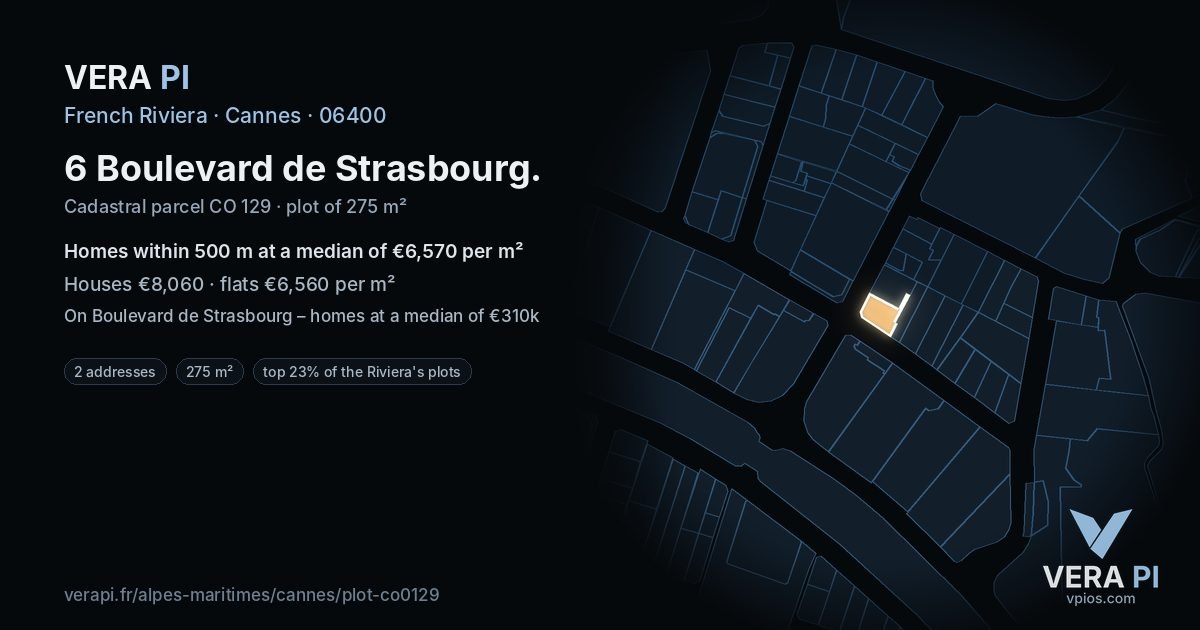 6 Boulevard de Strasbourg, Cannes at night – the plot lit, the parcels around coloured by the prices near them