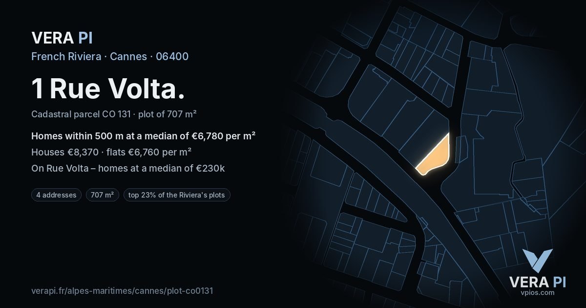 1 Rue Volta, Cannes at night – the plot lit, the parcels around coloured by the prices near them