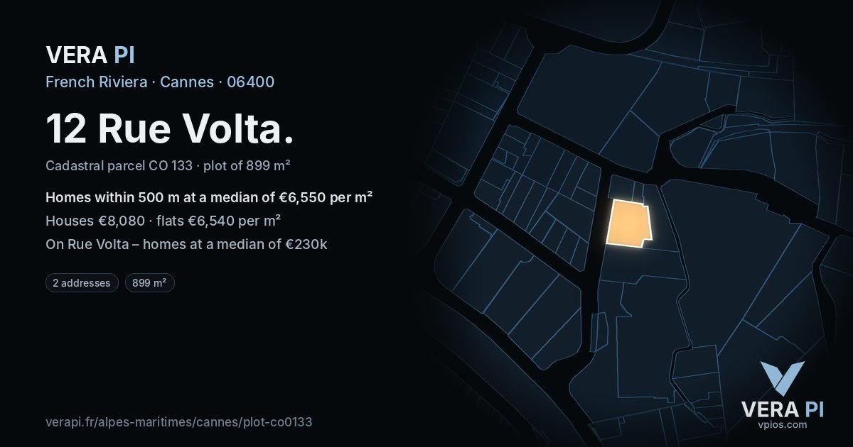 12 Rue Volta, Cannes at night – the plot lit, the parcels around coloured by the prices near them