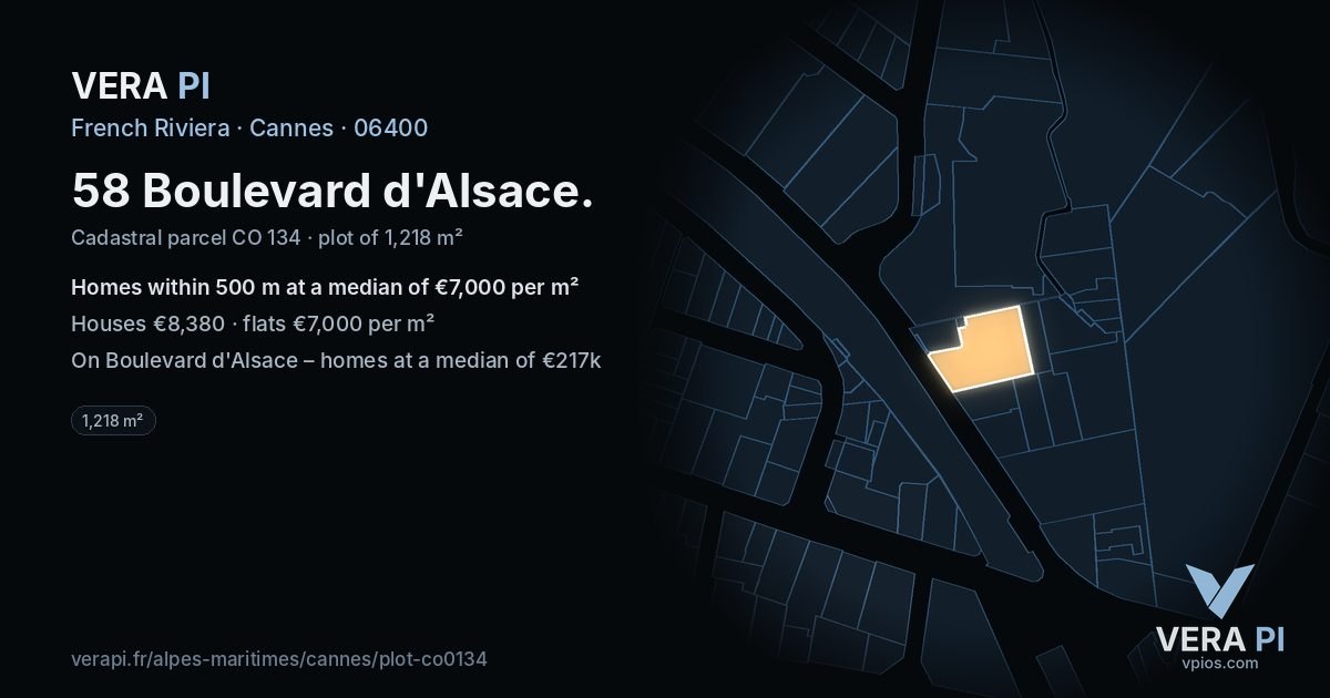58 Boulevard d'Alsace, Cannes at night – the plot lit, the parcels around coloured by the prices near them