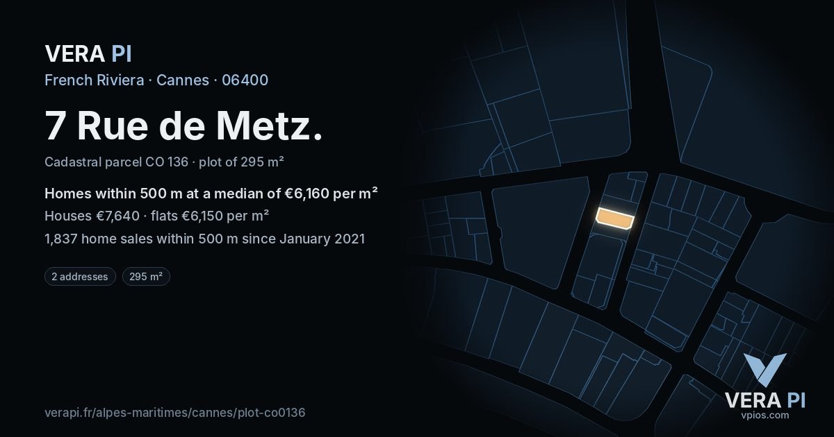 7 Rue de Metz, Cannes at night – the plot lit, the parcels around coloured by the prices near them