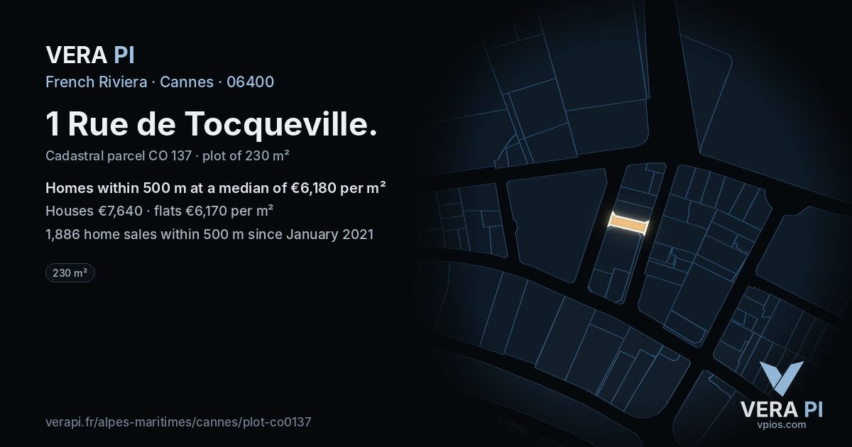 1 Rue de Tocqueville, Cannes at night – the plot lit, the parcels around coloured by the prices near them