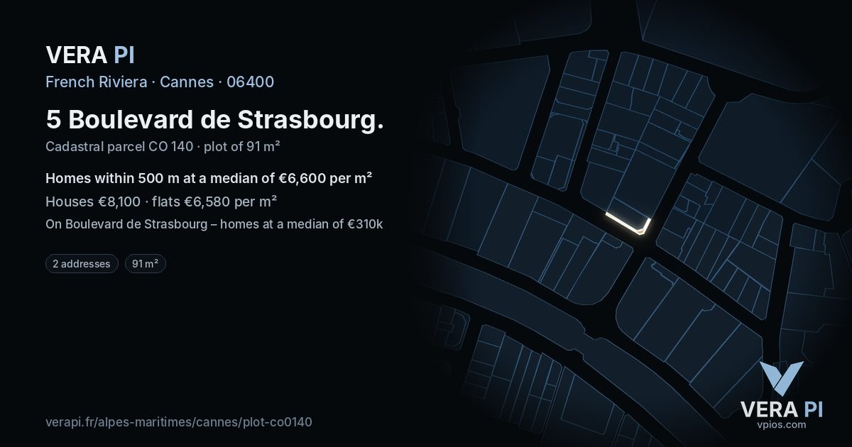 5 Boulevard de Strasbourg, Cannes at night – the plot lit, the parcels around coloured by the prices near them
