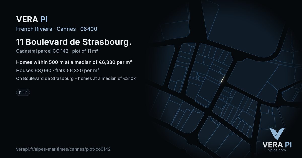 11 Boulevard de Strasbourg, Cannes at night – the plot lit, the parcels around coloured by the prices near them