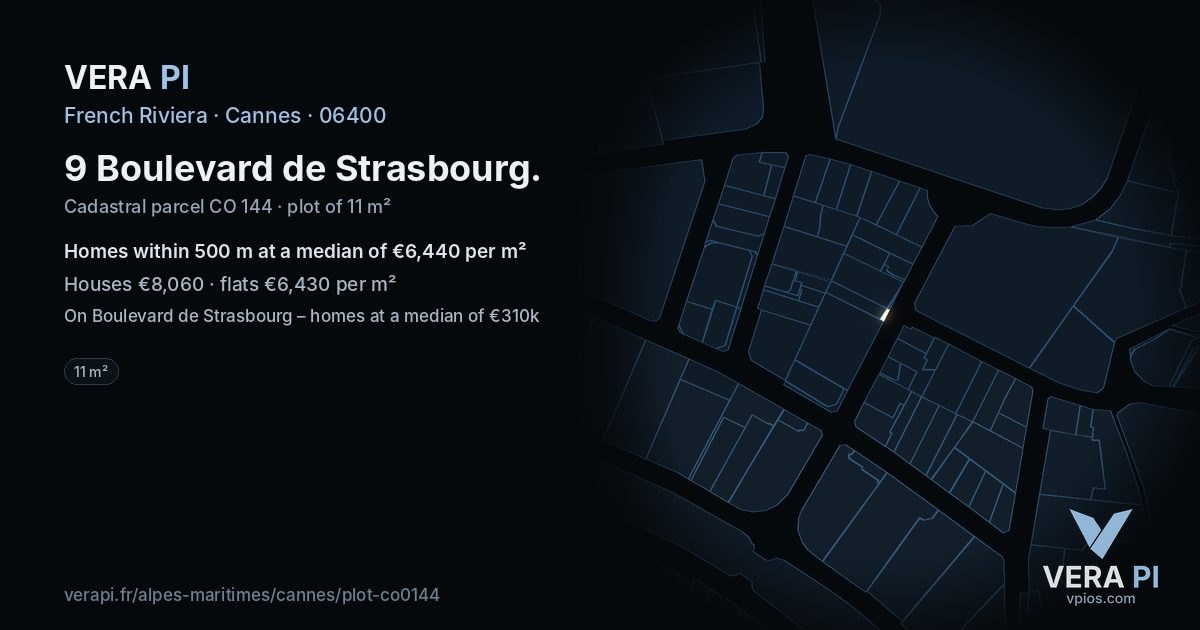 9 Boulevard de Strasbourg, Cannes at night – the plot lit, the parcels around coloured by the prices near them