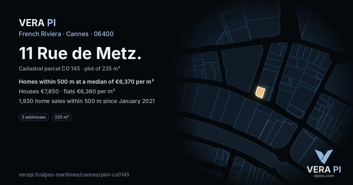 11 Rue de Metz, Cannes at night – the plot lit, the parcels around coloured by the prices near them