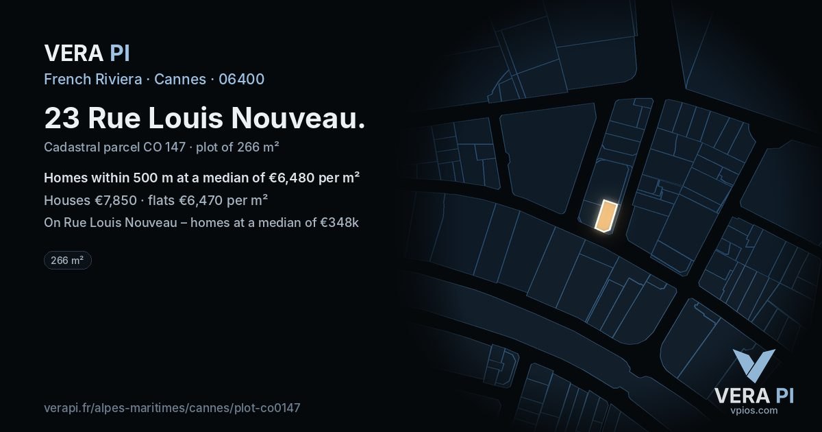 23 Rue Louis Nouveau, Cannes at night – the plot lit, the parcels around coloured by the prices near them