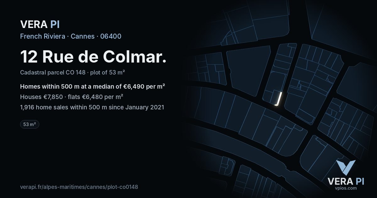 12 Rue de Colmar, Cannes at night – the plot lit, the parcels around coloured by the prices near them