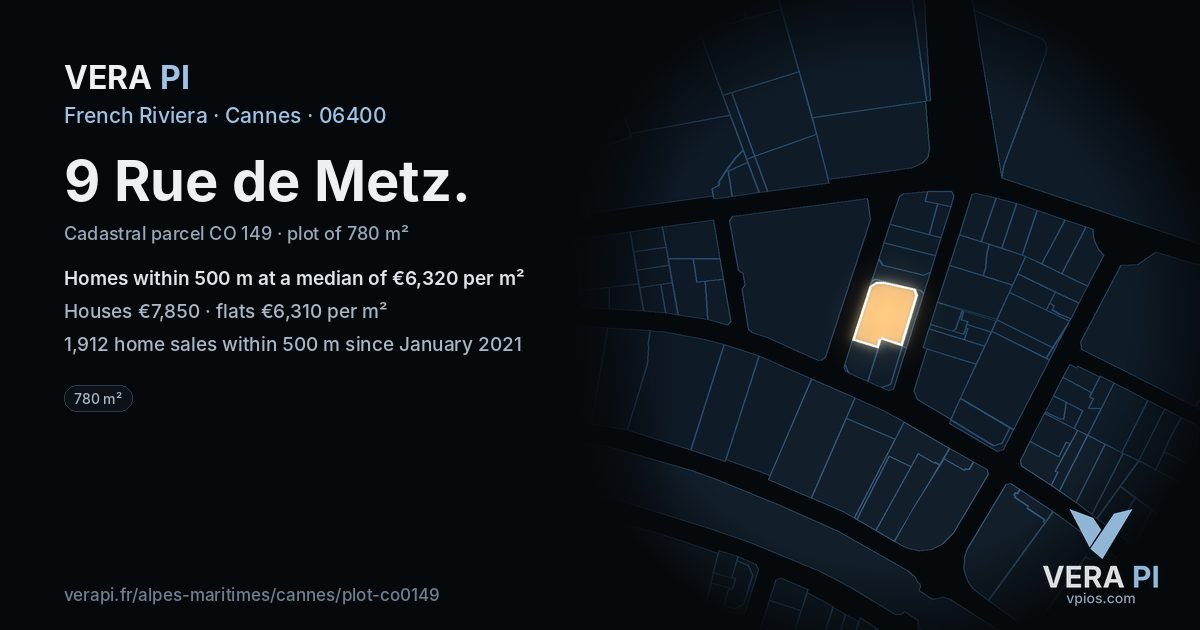 9 Rue de Metz, Cannes at night – the plot lit, the parcels around coloured by the prices near them