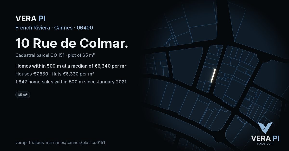 10 Rue de Colmar, Cannes at night – the plot lit, the parcels around coloured by the prices near them