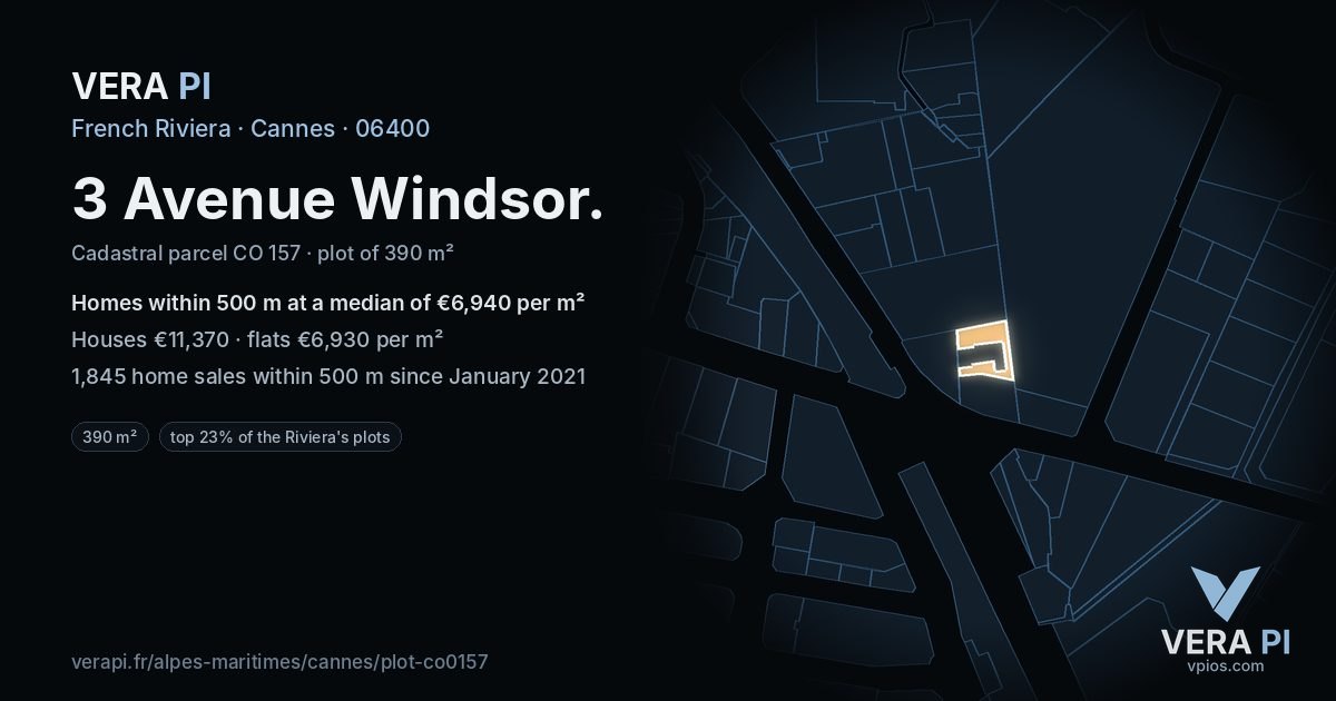 3 Avenue Windsor, Cannes at night – the plot lit, the parcels around coloured by the prices near them