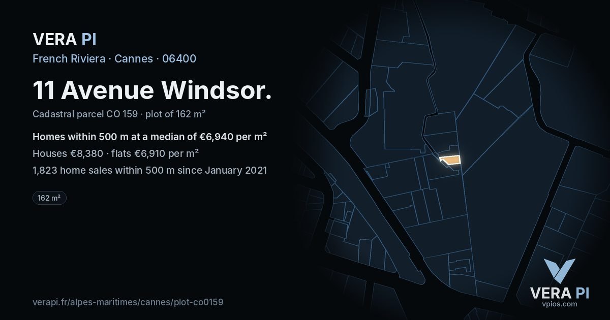 11 Avenue Windsor, Cannes at night – the plot lit, the parcels around coloured by the prices near them