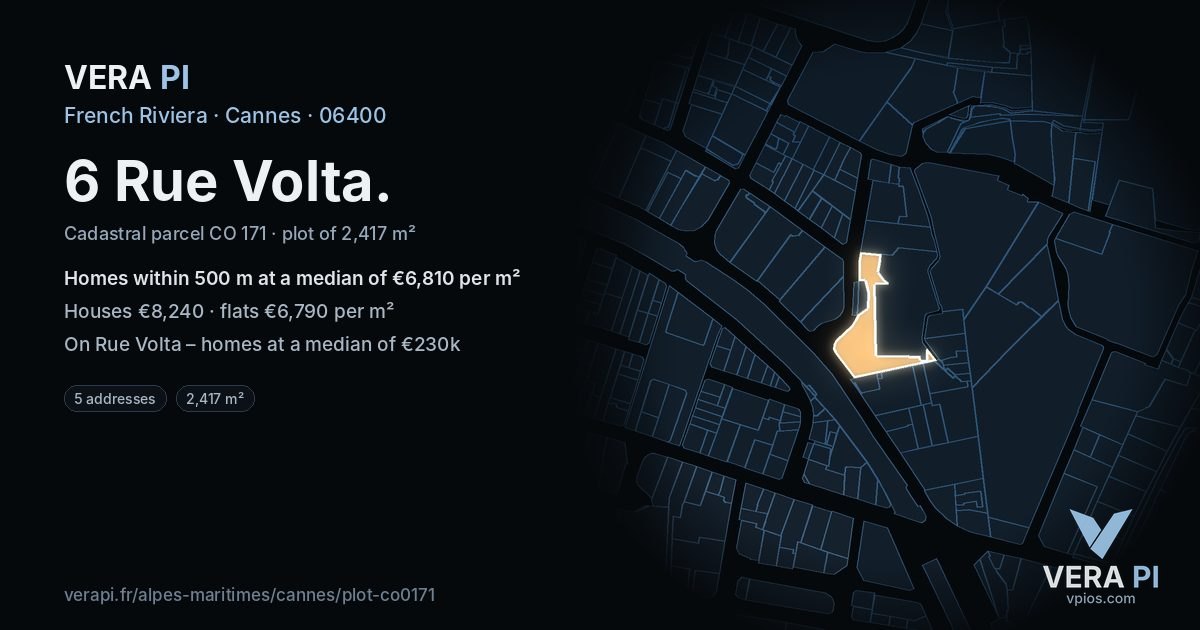 6 Rue Volta, Cannes at night – the plot lit, the parcels around coloured by the prices near them