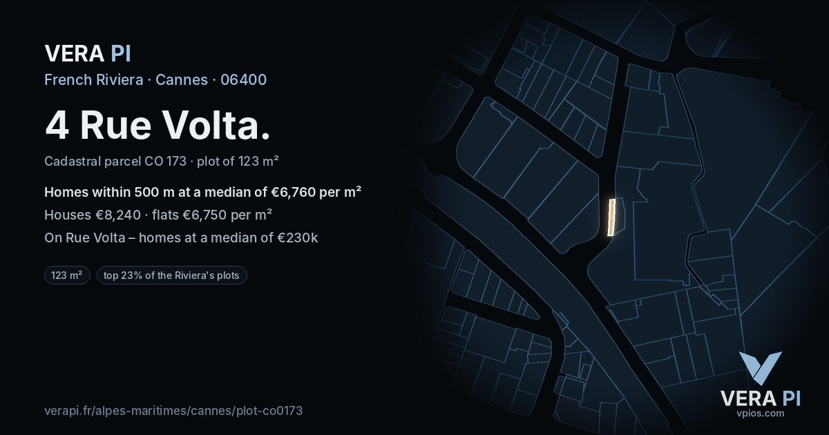 4 Rue Volta, Cannes at night – the plot lit, the parcels around coloured by the prices near them