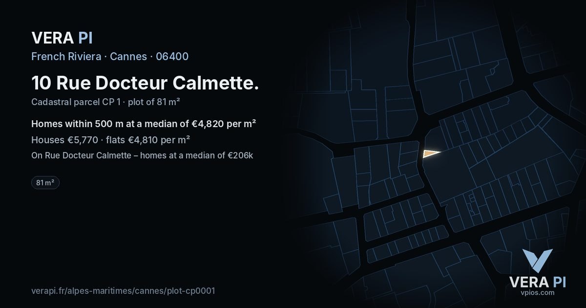 10 Rue Docteur Calmette, Cannes at night – the plot lit, the parcels around coloured by the prices near them