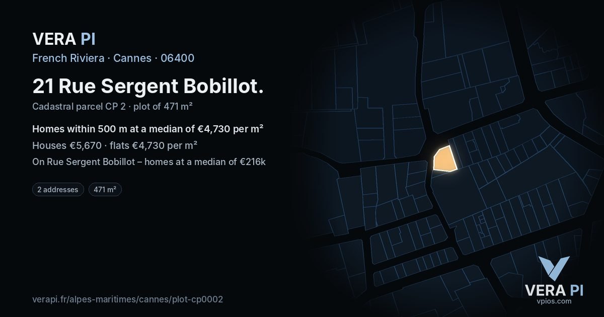 21 Rue Sergent Bobillot, Cannes at night – the plot lit, the parcels around coloured by the prices near them