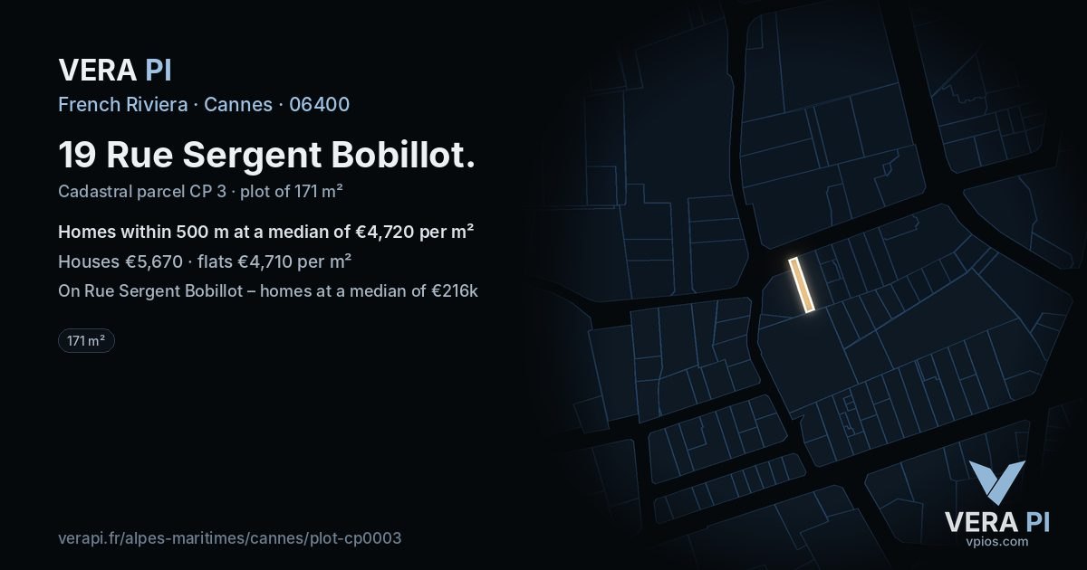 19 Rue Sergent Bobillot, Cannes at night – the plot lit, the parcels around coloured by the prices near them