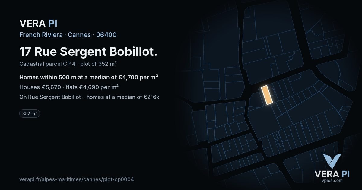 17 Rue Sergent Bobillot, Cannes at night – the plot lit, the parcels around coloured by the prices near them