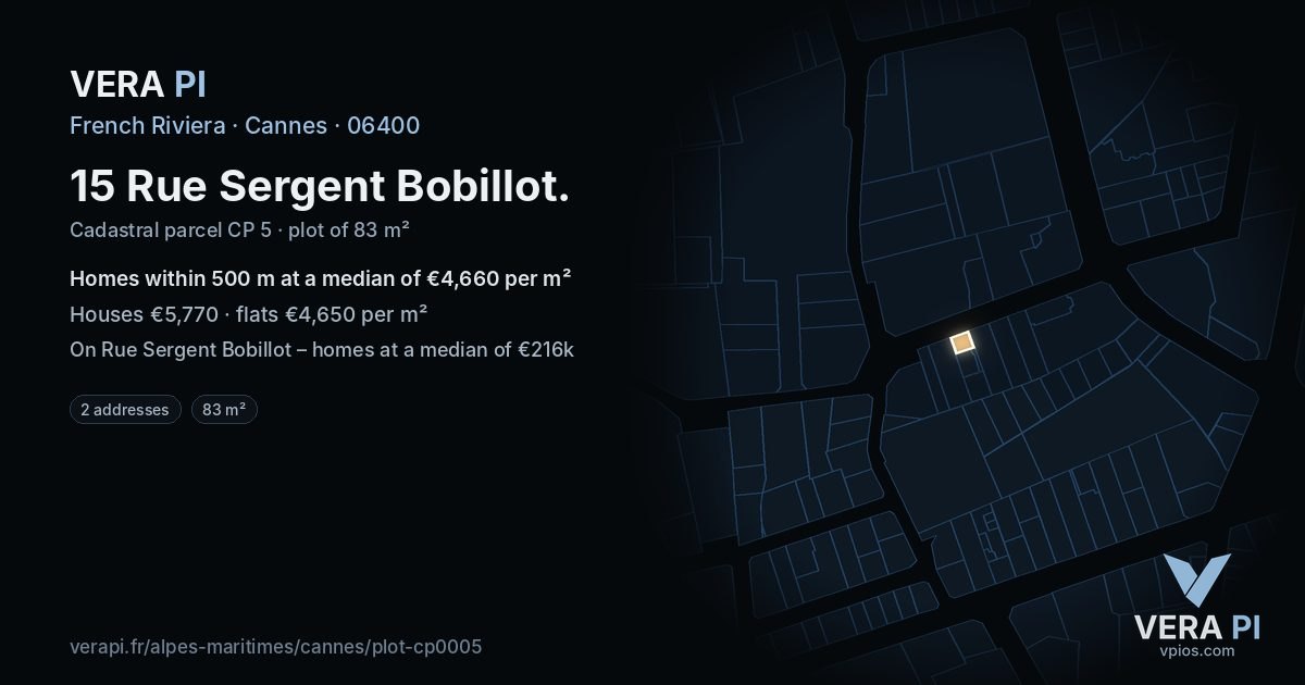 15 Rue Sergent Bobillot, Cannes at night – the plot lit, the parcels around coloured by the prices near them