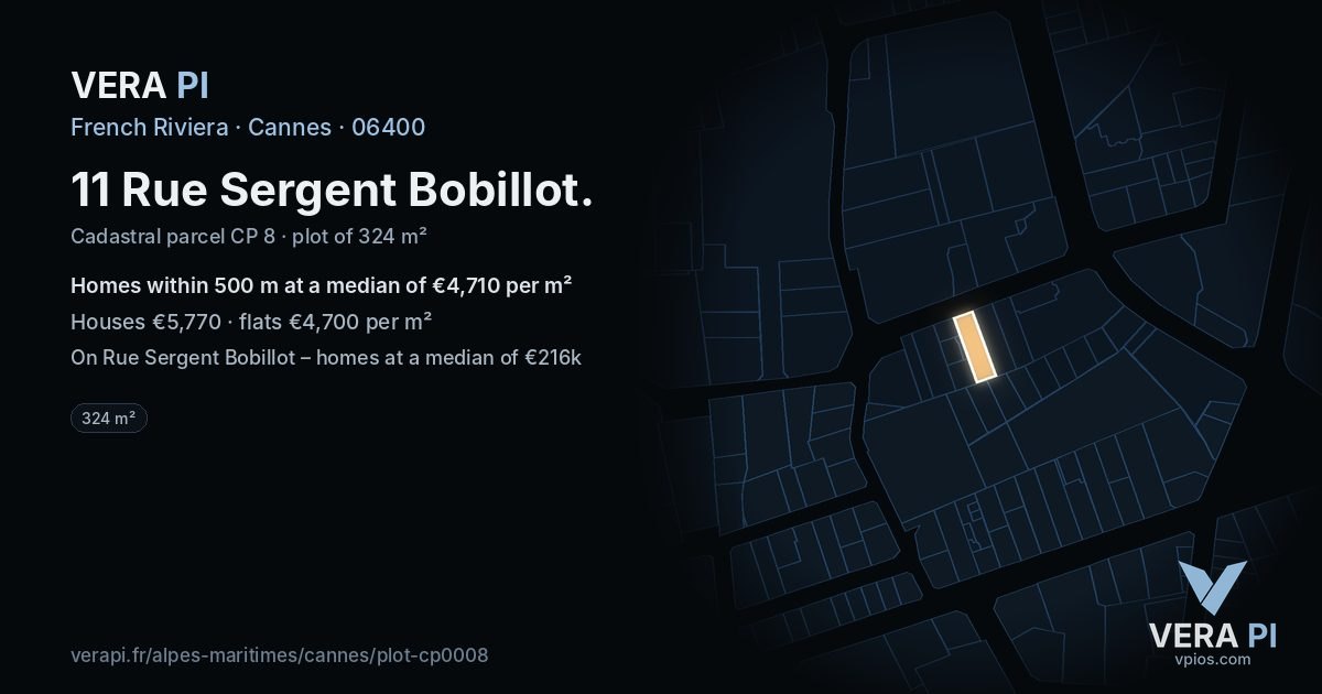 11 Rue Sergent Bobillot, Cannes at night – the plot lit, the parcels around coloured by the prices near them