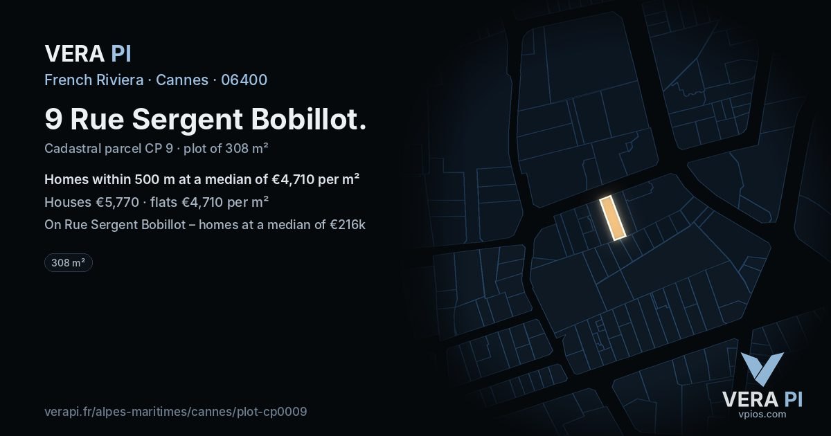9 Rue Sergent Bobillot, Cannes at night – the plot lit, the parcels around coloured by the prices near them