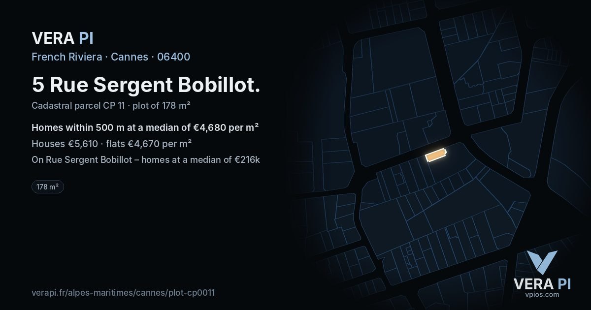 5 Rue Sergent Bobillot, Cannes at night – the plot lit, the parcels around coloured by the prices near them