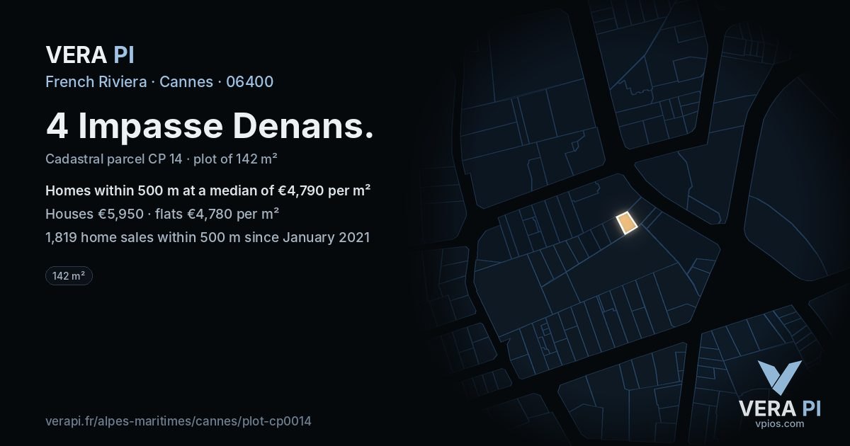 4 Impasse Denans, Cannes at night – the plot lit, the parcels around coloured by the prices near them