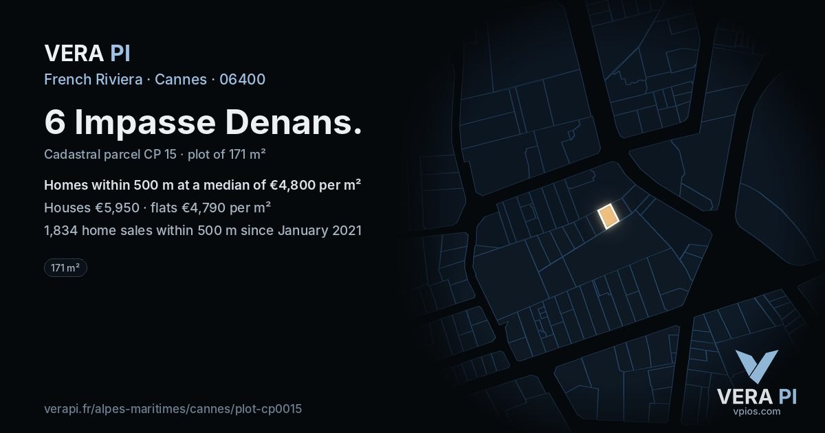 6 Impasse Denans, Cannes at night – the plot lit, the parcels around coloured by the prices near them