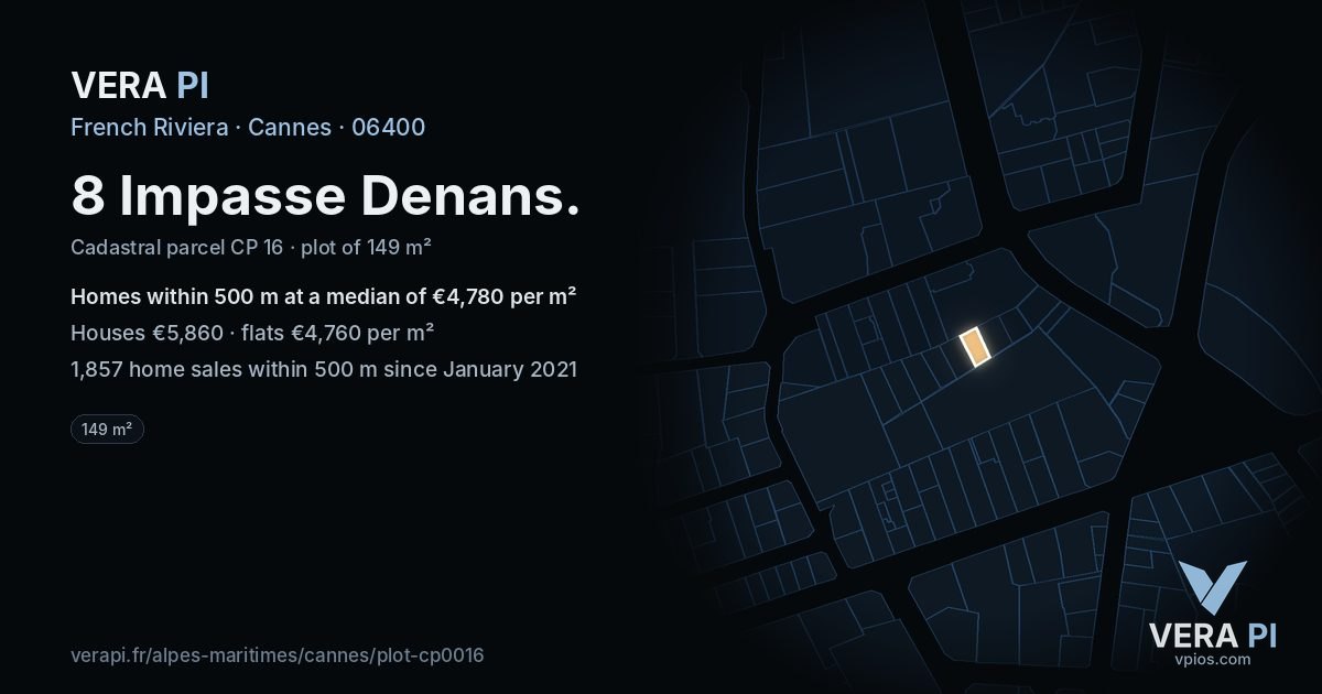 8 Impasse Denans, Cannes at night – the plot lit, the parcels around coloured by the prices near them