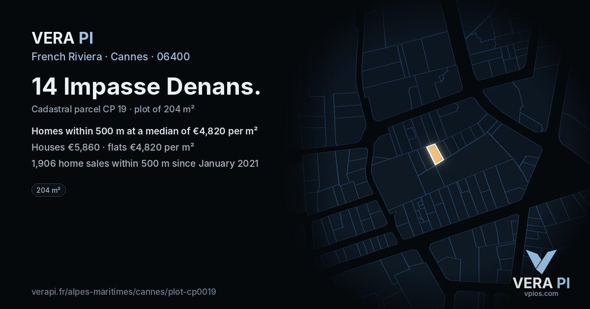 14 Impasse Denans, Cannes at night – the plot lit, the parcels around coloured by the prices near them
