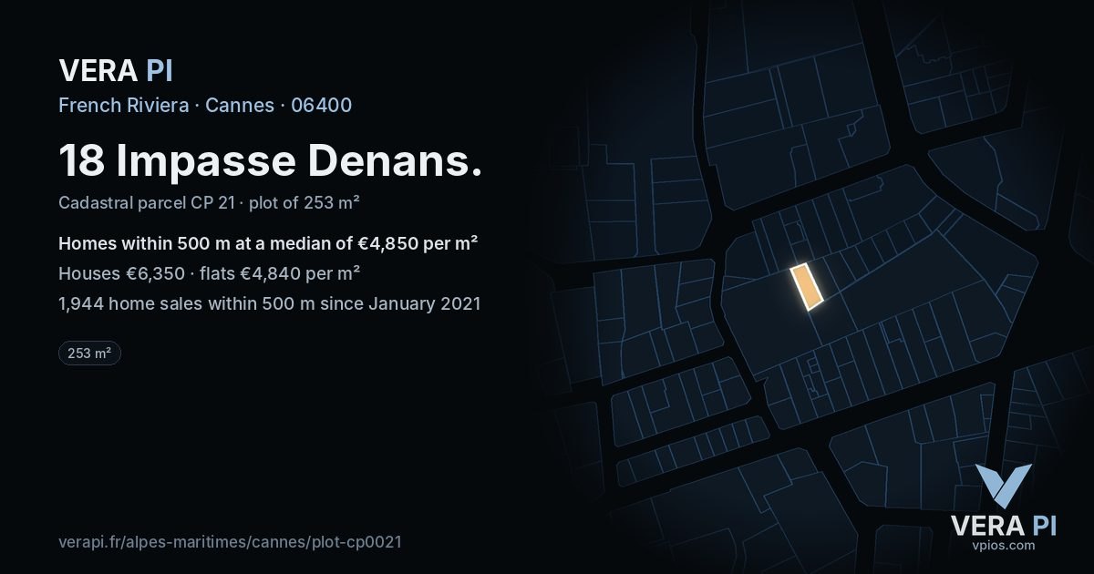 18 Impasse Denans, Cannes at night – the plot lit, the parcels around coloured by the prices near them
