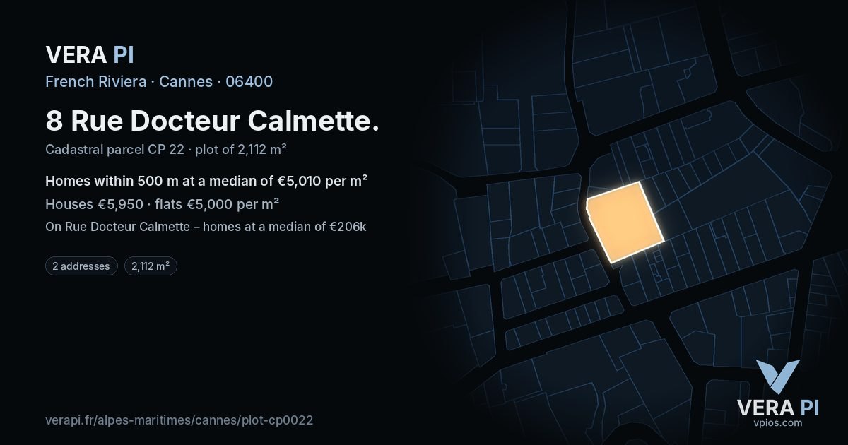 8 Rue Docteur Calmette, Cannes at night – the plot lit, the parcels around coloured by the prices near them