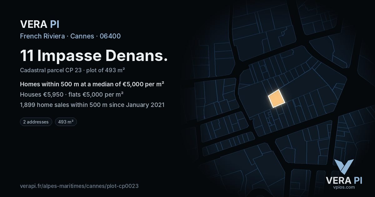 11 Impasse Denans, Cannes at night – the plot lit, the parcels around coloured by the prices near them