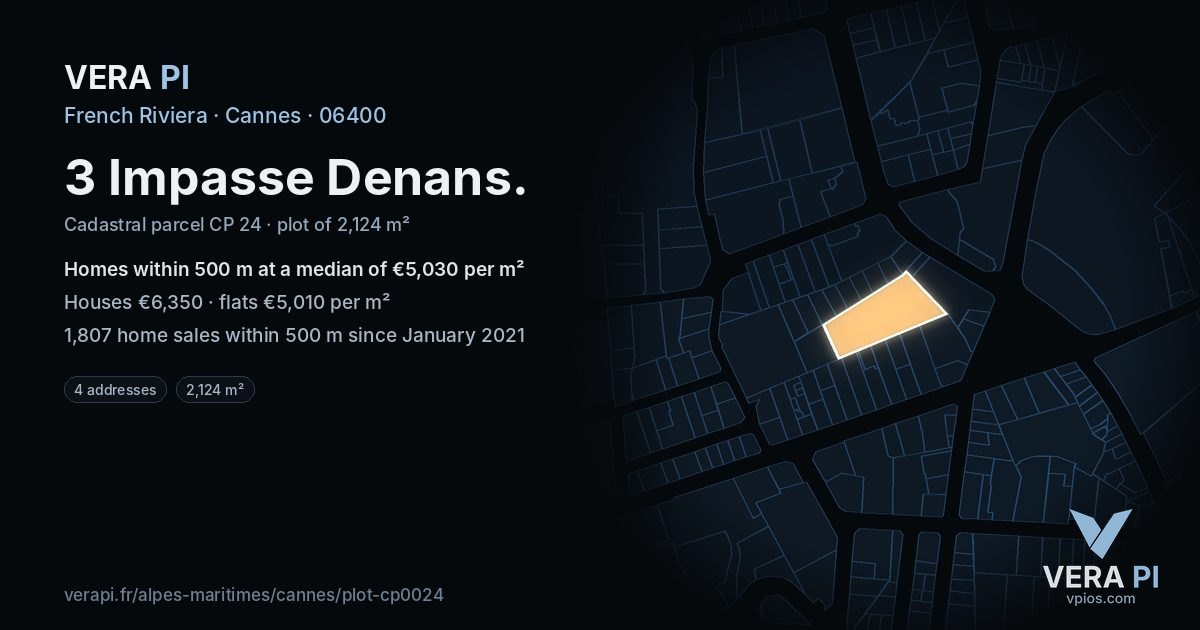 3 Impasse Denans, Cannes at night – the plot lit, the parcels around coloured by the prices near them