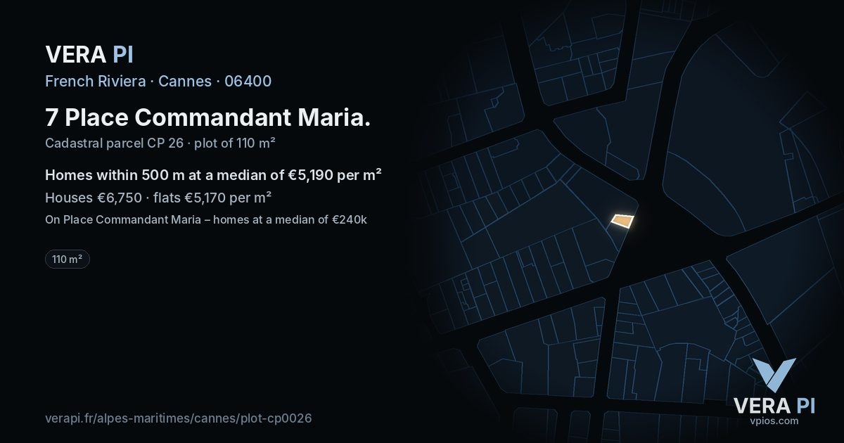 7 Place Commandant Maria, Cannes at night – the plot lit, the parcels around coloured by the prices near them