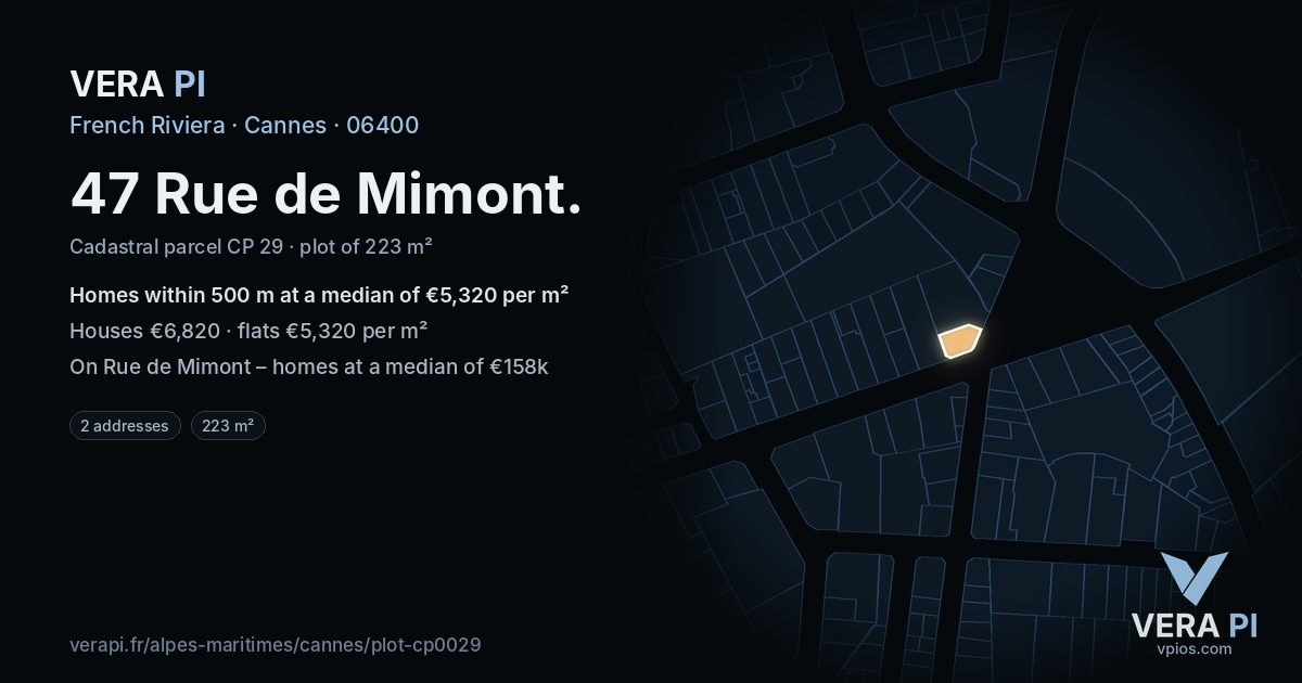 47 Rue de Mimont, Cannes at night – the plot lit, the parcels around coloured by the prices near them