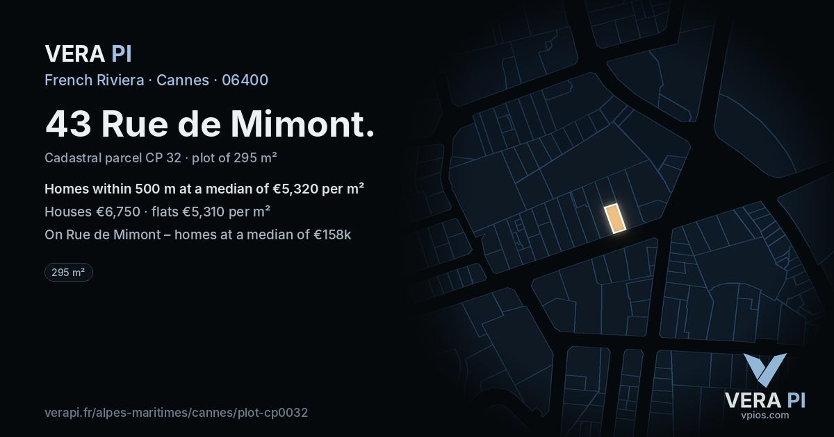 43 Rue de Mimont, Cannes at night – the plot lit, the parcels around coloured by the prices near them