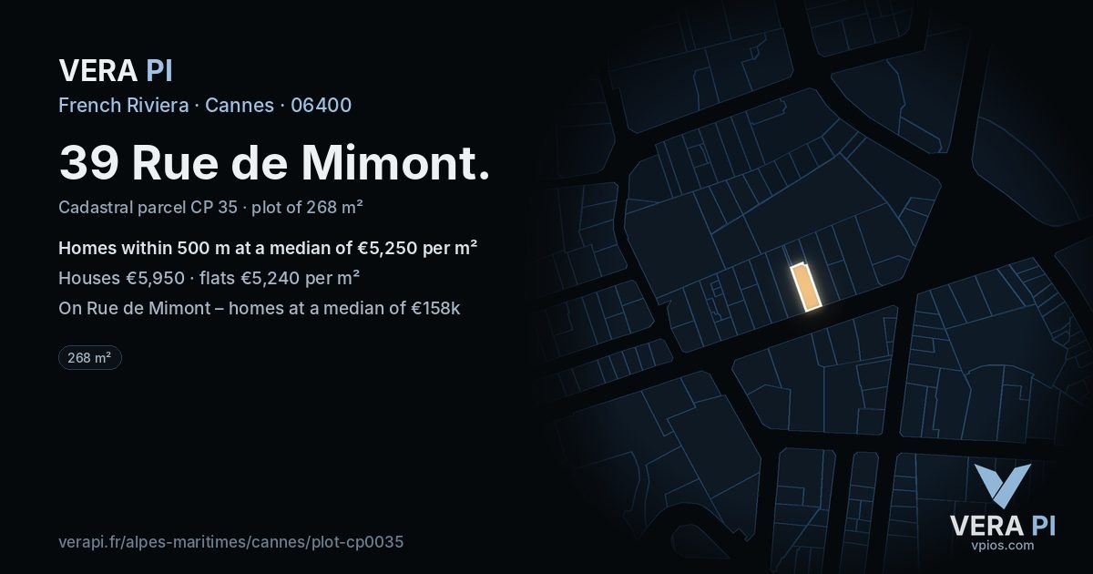 39 Rue de Mimont, Cannes at night – the plot lit, the parcels around coloured by the prices near them
