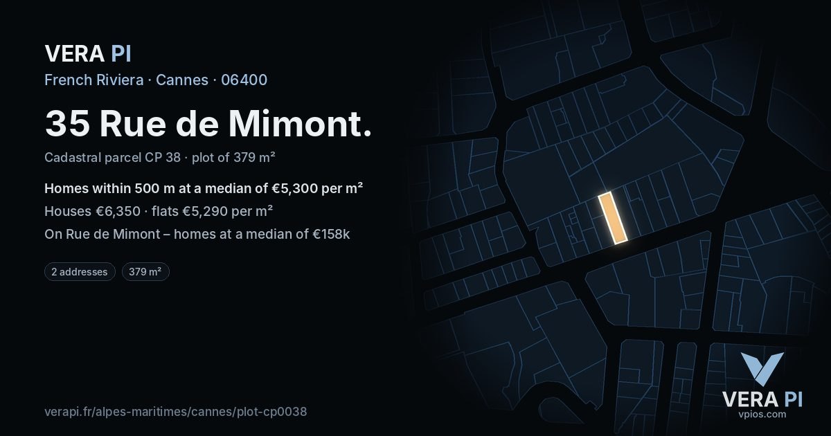35 Rue de Mimont, Cannes at night – the plot lit, the parcels around coloured by the prices near them