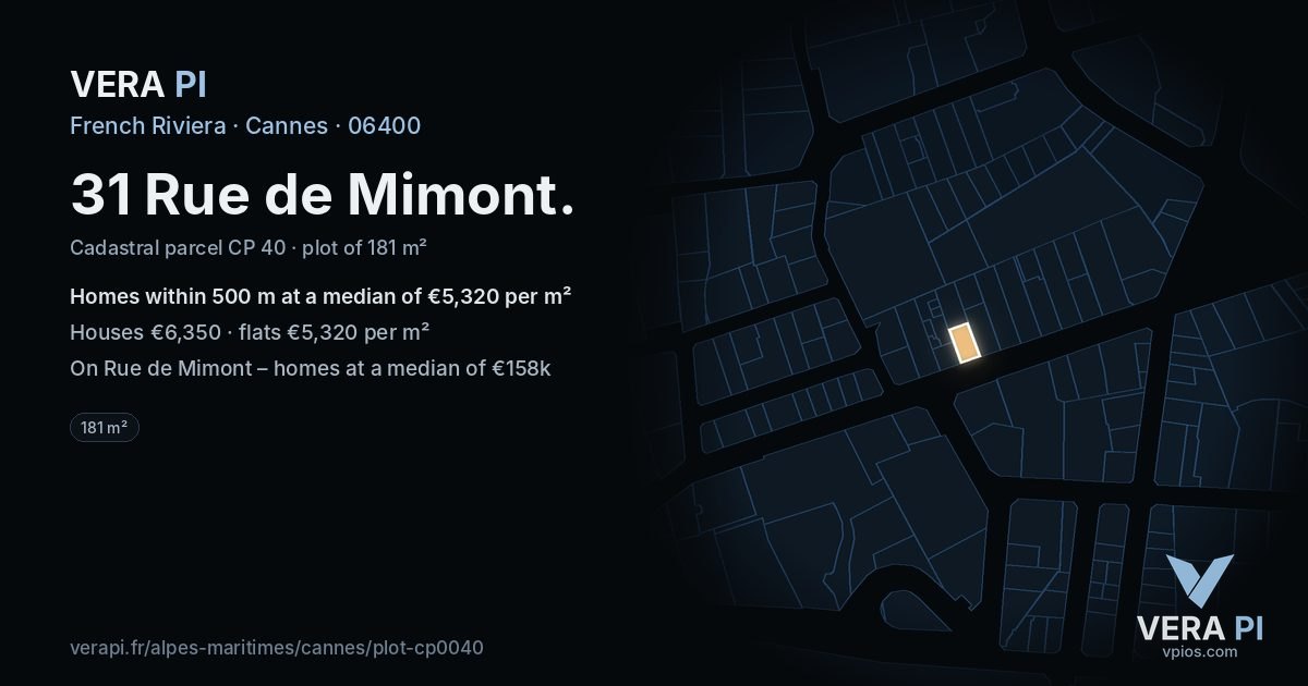 31 Rue de Mimont, Cannes at night – the plot lit, the parcels around coloured by the prices near them