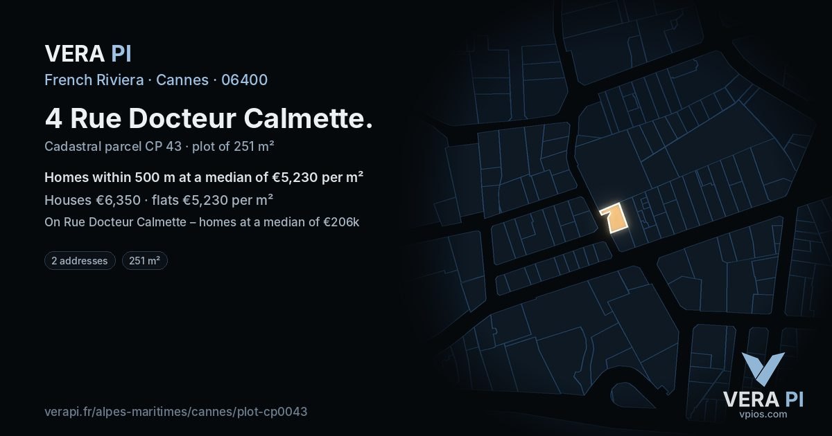 4 Rue Docteur Calmette, Cannes at night – the plot lit, the parcels around coloured by the prices near them