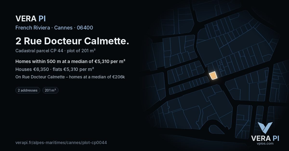 2 Rue Docteur Calmette, Cannes at night – the plot lit, the parcels around coloured by the prices near them