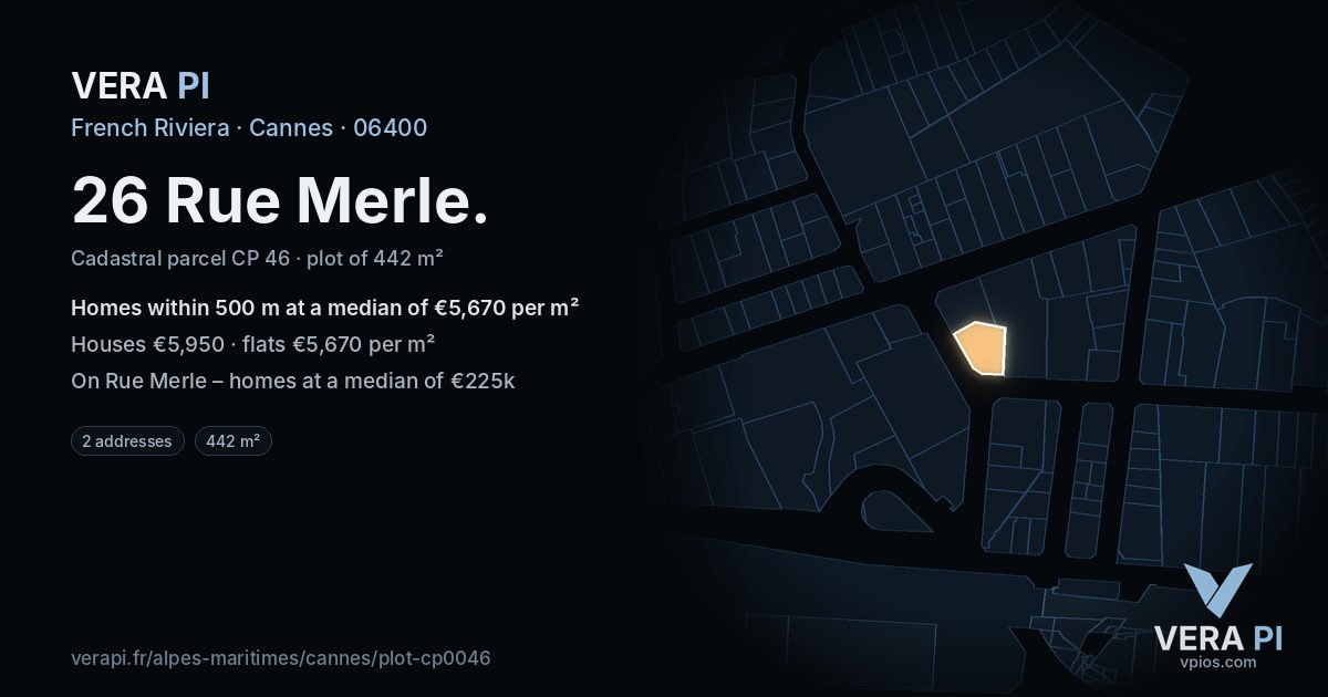 26 Rue Merle, Cannes at night – the plot lit, the parcels around coloured by the prices near them